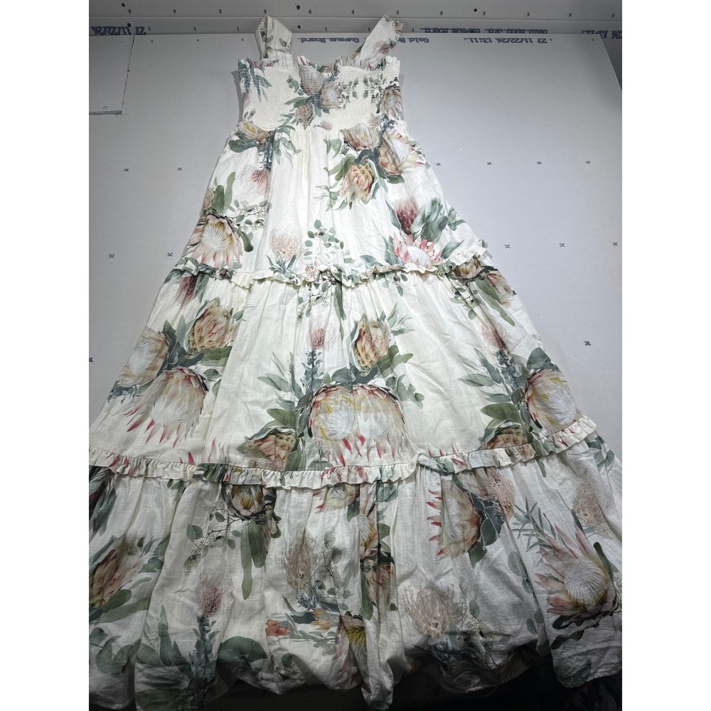 Express Women Floral Smocked Tiered Maxi Dress Linen Blend Cream Pink Size M